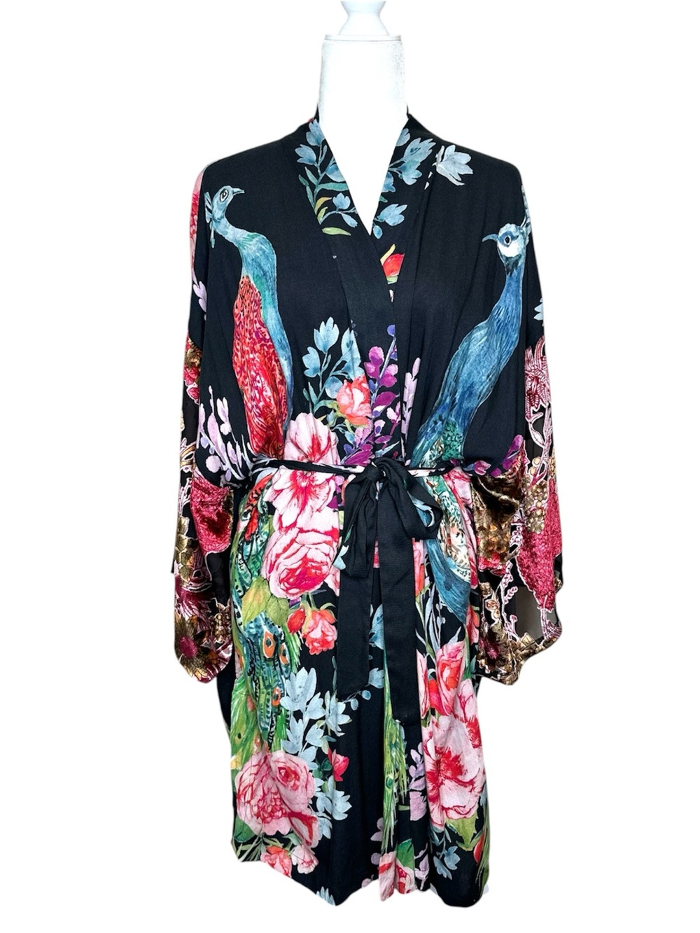 Aratta Silent Journey Kimono Robe OS Peacock Floral Velvet Burnout Dark Bohemian